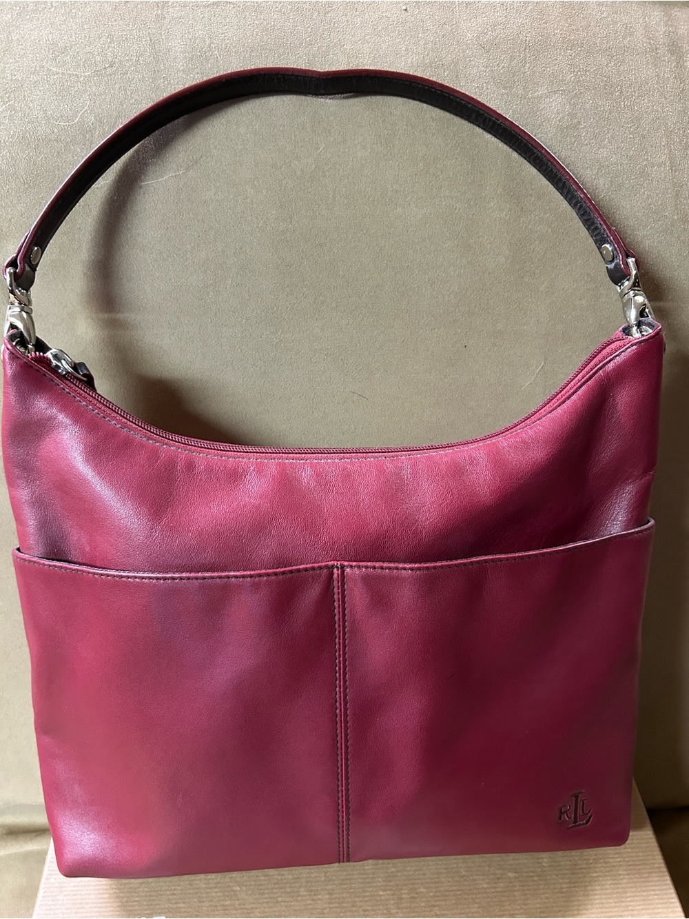 Ralph Lauren Leather Shoulder Hobo Bag in Deep Red.